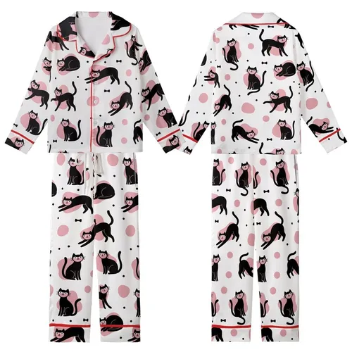 Cat Lovers' Whimsical Black Cat Pink Blob Polka Dot Seamless White Pattern Kid Satin Pajamas Set