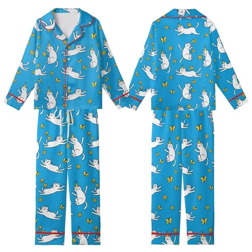 Cat Lover Azure Design: White Cats Leaping, Party Hats & Yellow Butterflies Kid Satin Pajamas Set