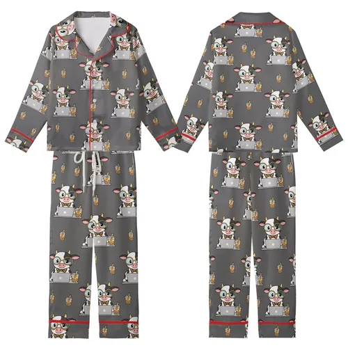 Cartoon Cow Working Laptop Blue Glasses Gold Frame Leopard Bow Brown Boba Tea Charcoal Grey Kid Satin Pajamas Set