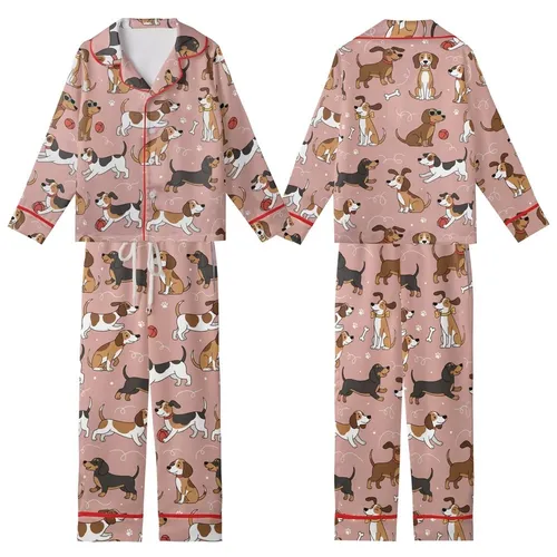 Dog Lover Dachshund Beagle Running Leaping Dogs Pink Paw Prints Golden Yellow Bows Kid Satin Pajamas Set