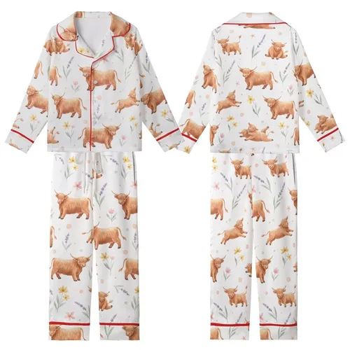 Highland Cow Calves Reddish-Brown Wildflower Watercolor Lavender Golden Pink Sage Kid Satin Pajamas Set
