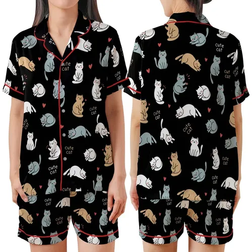 Cat Lovers' Whimsical Flat Illustrative Black Background Scattered Cartoon Cats White Tan Blue Pink Red Hearts Typography Satin Short-Sleeve Pajamas Set