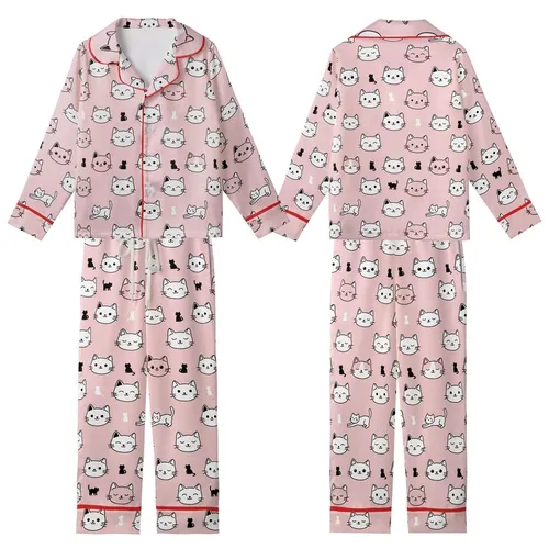 Cat Lovers' Minimalist Hand-Drawn Smiling Sleeping Cat Faces & Silhouettes on Bubblegum Pink Pattern Kid Satin Pajamas Set