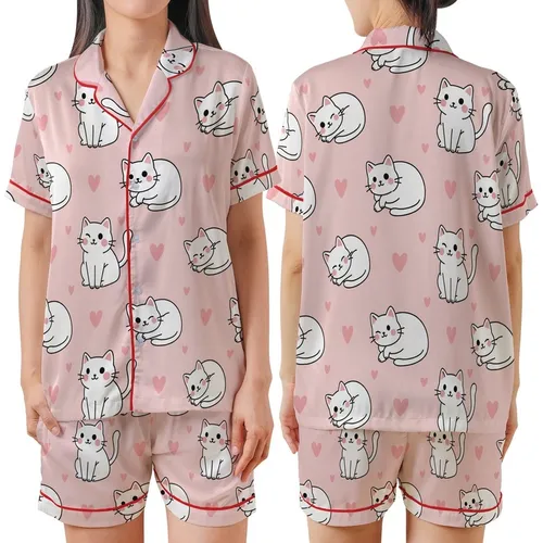 Cat Lovers' Whimsical Pastel Pink Seamless Cartoon Cats White Bodies Black Outlines & Pink Hearts Satin Short-Sleeve Pajamas Set