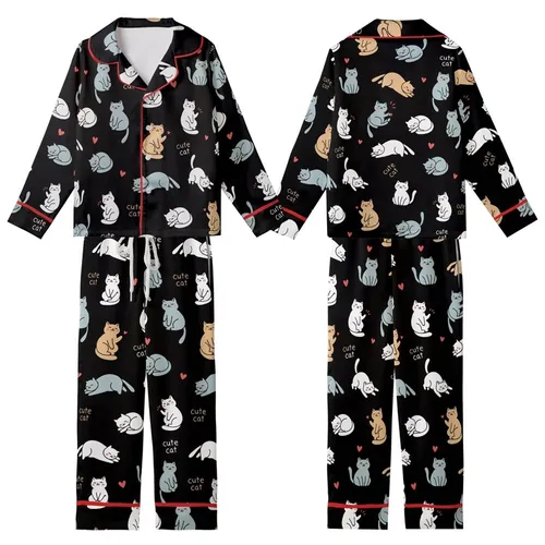 Cat Lover's Black Outline Cartoon Cats Pattern Posing White Tan Grey-Blue Red Hearts Kid Satin Pajamas Set