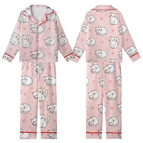 Cat Lover Pastel Pink Sleeping Winking Sitting Cats Black Outline White Body Hearts Kid Satin Pajamas Set