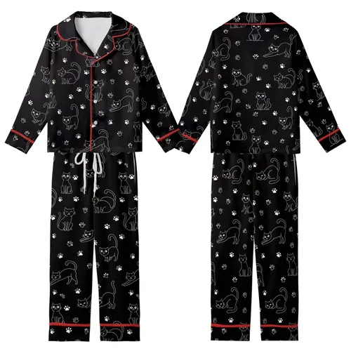 Cat Lovers' Minimalist White Line Art Playful Cats & Heart Paw Print Seamless Pattern on Black Kid Satin Pajamas Set