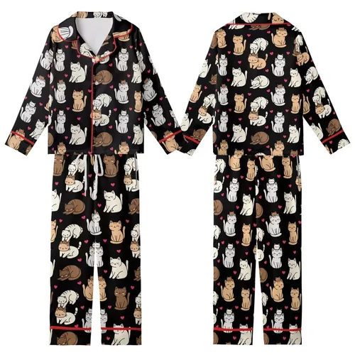 Kawaii Style Enthusiasts' Playful Hand-Drawn Cartoon Cats, Pink Hearts, White Grey Brown Peach on Black Kid Satin Pajamas Set