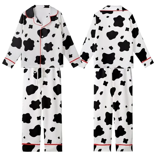 Modern Trendsetters' Bold High-Contrast Jet Black Organic Cowhide Spot Pattern Kid Satin Pajamas Set