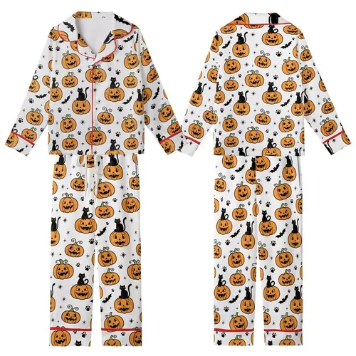 Halloween Enthusiasts' Whimsical Hand-Drawn Orange Jack-o'-Lanterns, Black Cats, Bats & Paw Prints Pattern on White Kid Satin Pajamas Set