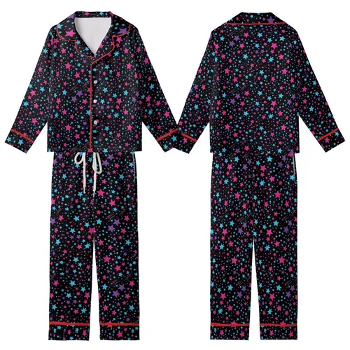 Cosmic Art Lovers' Vibrant Neon Blue Magenta Violet Cyan Flat Stars Shooting Stars Cosmic Pattern Kid Satin Pajamas Set