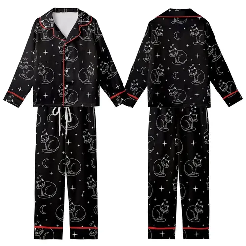 Cat Lovers' Minimalist White Line Art Sleeping Cats Black Background Whimsical Celestial Pattern Kid Satin Pajamas Set