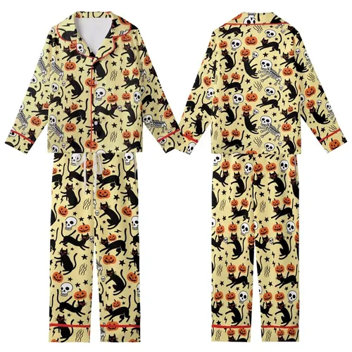 Mischievous Cat Lovers' Pale Yellow Black Cat Red Eyes Orange Skull Jack-o'-Lantern Naive Art Pattern Kid Satin Pajamas Set