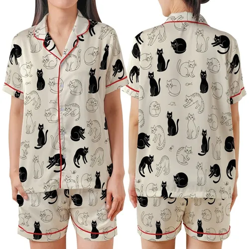 Cat Lovers' Whimsical Black Line Art Cats Seamless Pattern Creamy Off-White Background Satin Short-Sleeve Pajamas Set