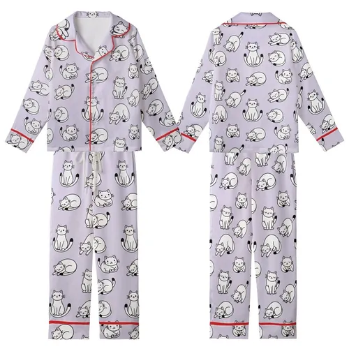 Cat Lovers' Playful White Cartoon Cats Seamless Pattern, Bold Black Outlines, Soft Lavender Background Kid Satin Pajamas Set