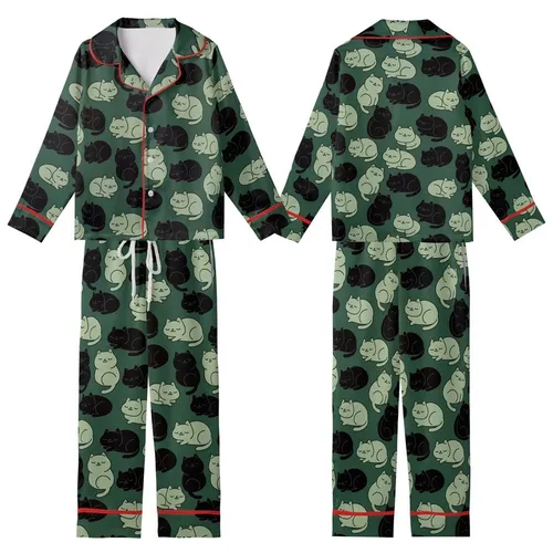 Cat Lovers' Playful Plump Minimalist Black Muted Green Cartoon Cats Forest Green Repeating Pattern Kid Satin Pajamas Set