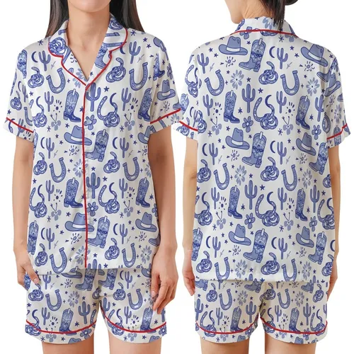 Western Enthusiasts' Illustrative Dusty Periwinkle Cobalt Blue Cowboy Boot Hat Cactus Rattlesnake Pattern Satin Short-Sleeve Pajamas Set