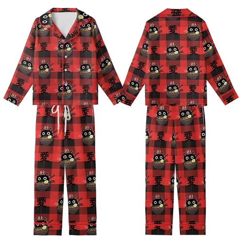 Cat & Ramen Enthusiasts' Whimsical Black Cat Ramen Bowl Red Black Buffalo Plaid Love Kanji Graphic Kid Satin Pajamas Set