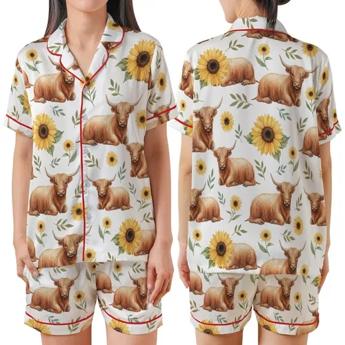 Whimsical Nature Lovers' Rustic Watercolor Highland Cow Golden Sunflower & Olive Teal Leaf Pattern Satin Short-Sleeve Pajamas Set