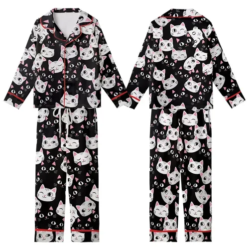 Cat Lovers' Expressive Cartoon Cat Faces Black White Gray Repeat Pattern Pink Accents Kid Satin Pajamas Set