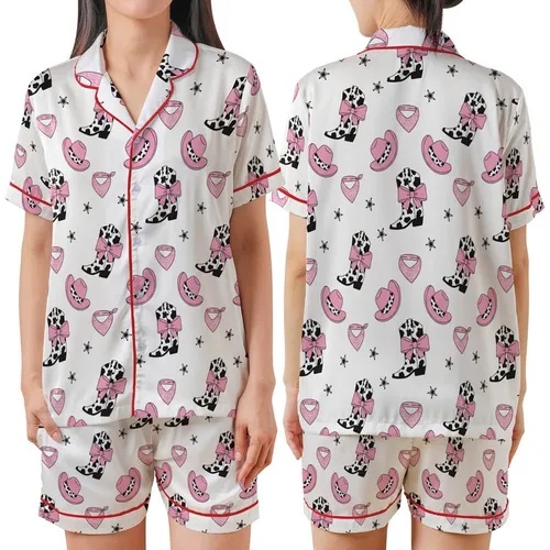 Girly Western Style Playful Pink Bow Cow Print Cowboy Boots Hats Bandanas Sheriff Stars White Seamless Pattern Satin Short-Sleeve Pajamas Set