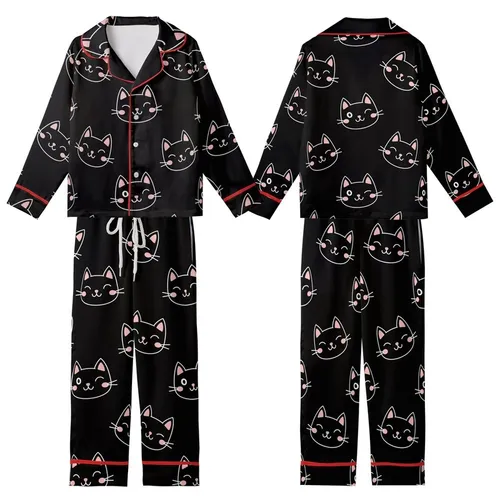 Cat Lovers' Black Minimalist Winking Cat Face Pink Cheeks Scattered Repeat Pattern Kid Satin Pajamas Set