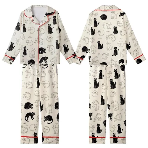 Cat Lovers' Whimsical Black Line Art Cats Seamless Pattern Creamy Off-White Background Kid Satin Pajamas Set