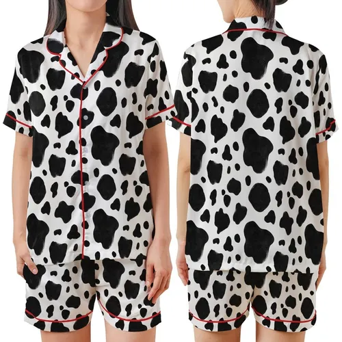 Modern Style Lovers' Illustrative Black White Organic Spot Cowhide Pattern Satin Short-Sleeve Pajamas Set