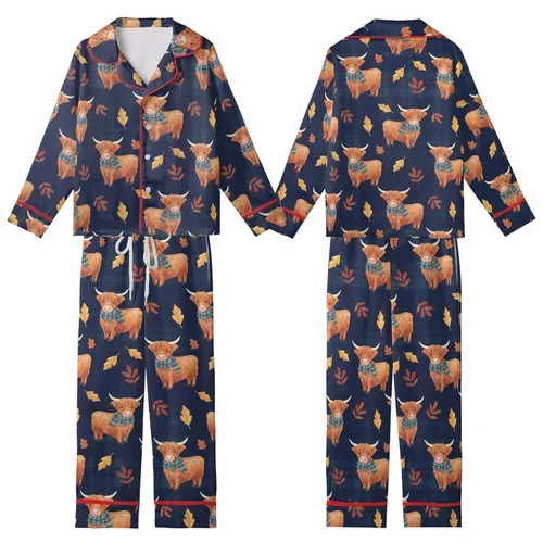 Highland Cow Lovers' Charming Watercolor Fluffy Autumn Plaid Farm Animal Pattern on Deep Navy Kid Satin Pajamas Set