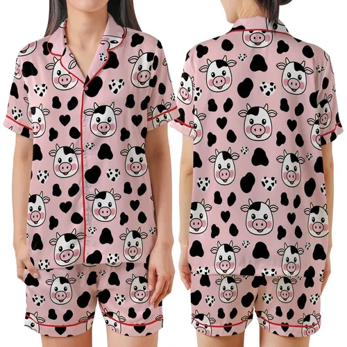 Kawaii Lovers' Whimsical Pastel Pink Cartoon Cow Face Heart Spot All-Over Print Satin Short-Sleeve Pajamas Set