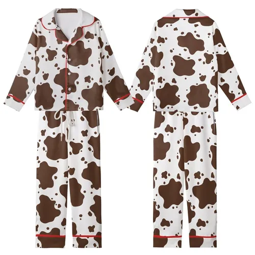 Pattern Lovers' Fluid Organic Dark Brown Cow Print Style on Crisp White Kid Satin Pajamas Set