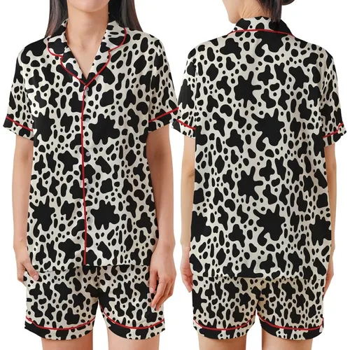 Contemporary Design Enthusiasts' Bold Black Organic Blob Abstract Pattern on Light Cream Satin Short-Sleeve Pajamas Set