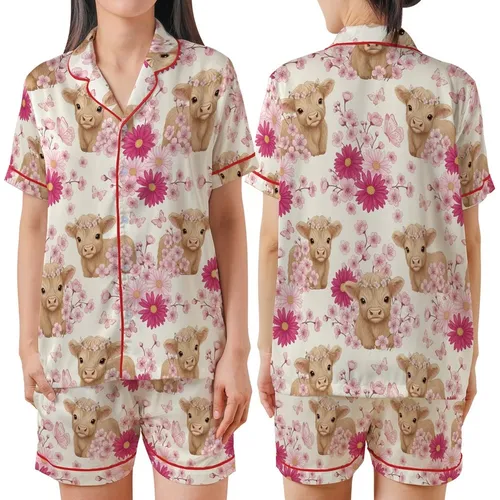 Whimsical Animal Lovers' Fluffy Baby Highland Cow Pink Floral Cream Illustration Satin Short-Sleeve Pajamas Set