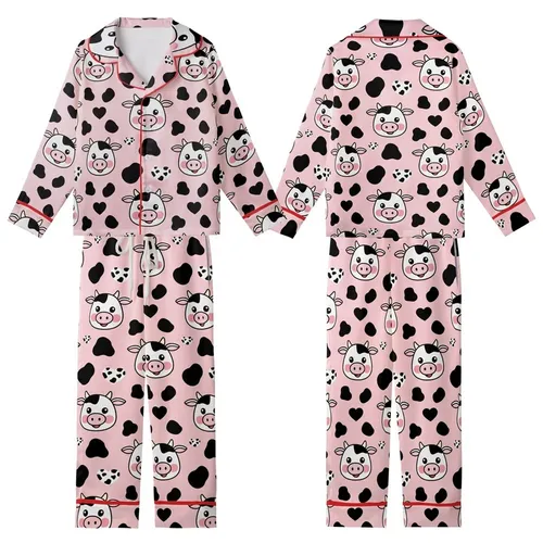 Kawaii Lovers' Whimsical Pastel Pink Cartoon Cow Face Heart Spot All-Over Print Kid Satin Pajamas Set