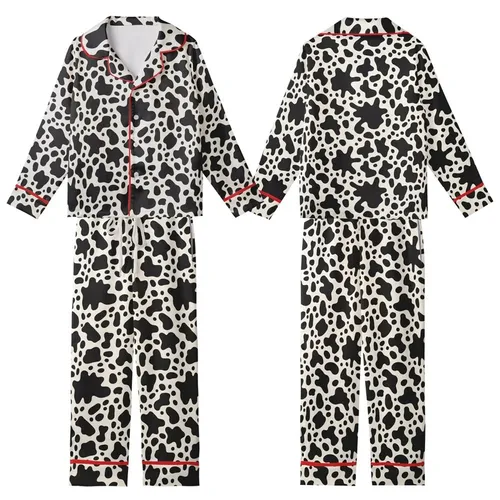 Contemporary Design Enthusiasts' Bold Black Organic Blob Abstract Pattern on Light Cream Kid Satin Pajamas Set