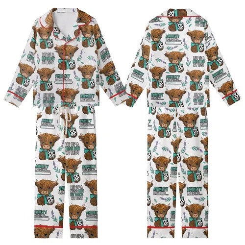 Whimsical Animal Lovers' Fluffy Highland Cow Boba Tea Lavender Caramel Teal Distressed Text Pattern Kid Satin Pajamas Set