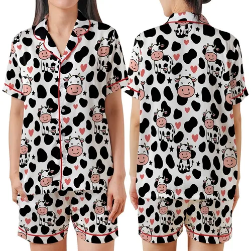 Cow Lovers' Playful Pure White Black Pink Cartoon Cows Spots Hearts Stars Pattern Satin Short-Sleeve Pajamas Set