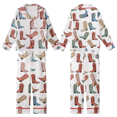 Western Style Lovers' Hand-Drawn Cowboy Boot Pattern Pink Teal Terracotta Hues Kid Satin Pajamas Set