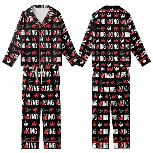 Empowered Style Aficionados' Black Red White Flat Vector Crown KING Queen Interlocking Pattern Kid Satin Pajamas Set