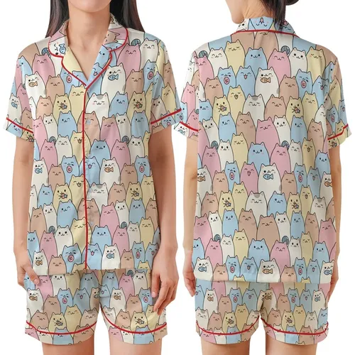 Cat Lovers' Kawaii Pastel Pink Blue Yellow Cat Crowd Seamless Pattern Satin Short-Sleeve Pajamas Set
