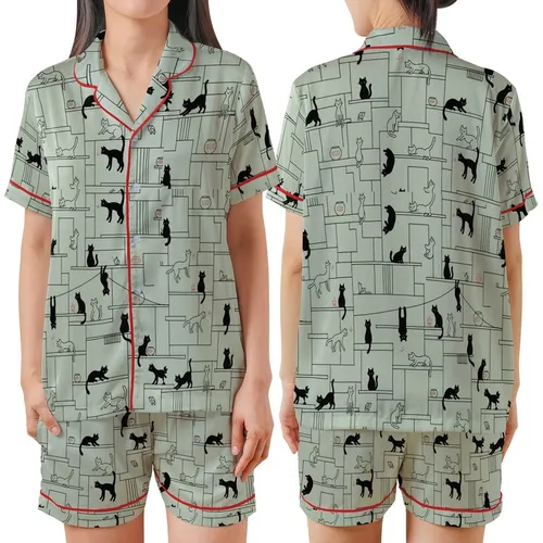 Cat Lovers' Whimsical Urban Cats Minimalist Sage Green Line Art Black Silhouette Pattern Satin Short-Sleeve Pajamas Set