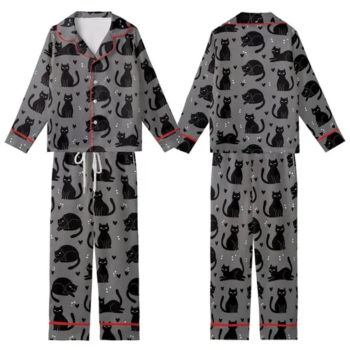 Cat Lovers' Whimsical Black Cat Silhouette Repeating Pattern Tiny Hearts White Dot Eyes Heather Dark Grey Kid Satin Pajamas Set