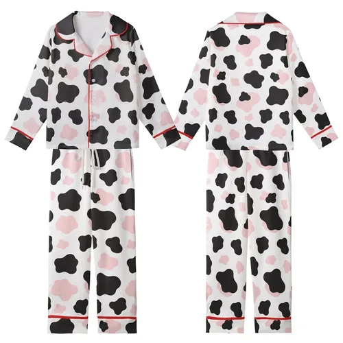 Modern Fashion Enthusiasts' Playful White Black Pastel Pink Organic Cow Blotches Kid Satin Pajamas Set