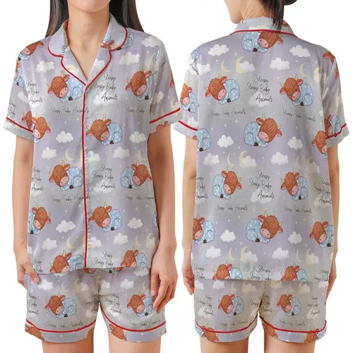 Baby Animal Lovers' Whimsical Sleepy Highland Cow Seamless Pattern in Soft Blue and Muted Gray with Twinkling Stars Satin Short-Sleeve Pajamas Set