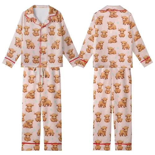Cute Animal Lovers' Blush Pink Whimsical Fluffy Baby Highland Cow Scattered Pattern with Pastel Florals Kid Satin Pajamas Set