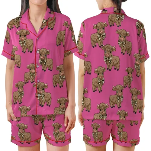 Whimsical Style Fans' Fluffy Brown Baby Highland Cow Leopard Bow Fuchsia Pink Illustrative Pattern Satin Short-Sleeve Pajamas Set