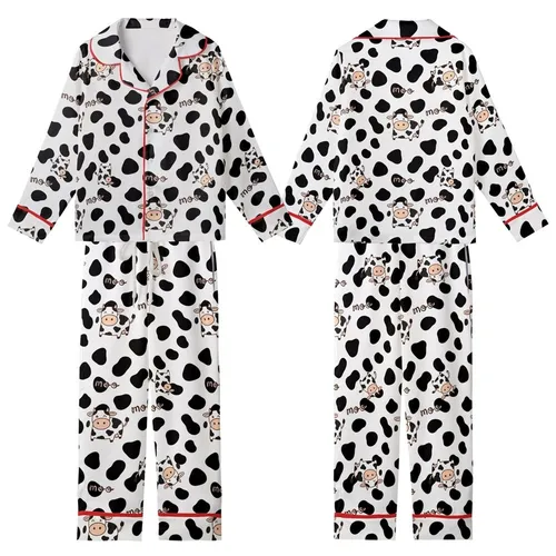Cow Lovers' Whimsical Black White Peach Cartoon Cow Spot Playful Hand-Drawn Pattern Kid Satin Pajamas Set