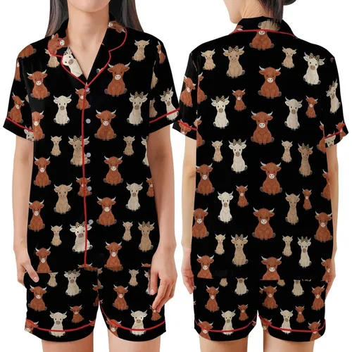 Animal Lovers' Whimsical Fluffy Highland Cow Calves Repeating Pattern with Leopard Print Bows on Black Satin Short-Sleeve Pajamas Set