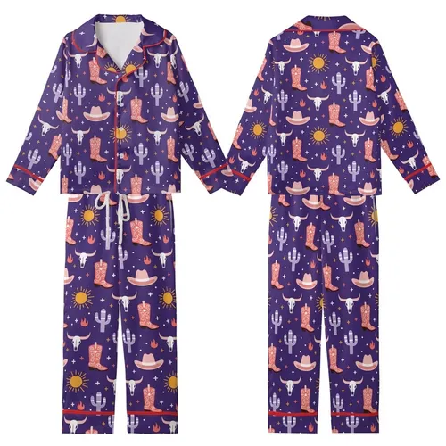 Western Style Aficionados' Whimsical Desert Royal Purple Coral Pink Cowboy Boots Cactus Steer Skull Pattern Kid Satin Pajamas Set