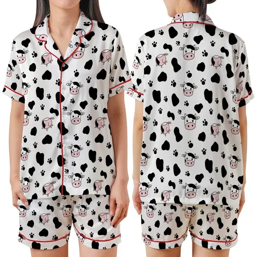 Cow Lovers' Whimsical Cartoon Cow Pattern: Black Spots, Pink Snouts, Udders, Hoof Prints, White Background Satin Short-Sleeve Pajamas Set